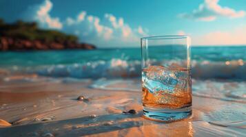 ai generado vaso de agua en arenoso playa foto