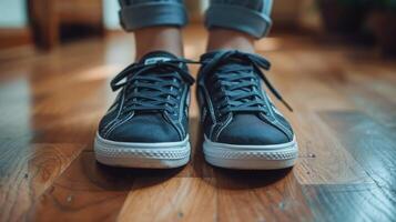 AI generated Person Standing on Wooden Floor in Black Sneakers photo