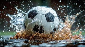 ai generado fútbol pelota salpicaduras en agua foto