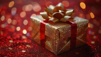AI generated Gold Gift Box With Red Ribbon photo