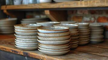 AI generated Stack of White Plates on Wooden Table photo