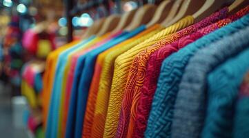 AI generated Colorful Shirts Hanging in Store photo