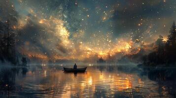 AI generated Boat Floating on Lake Under Starry Sky photo