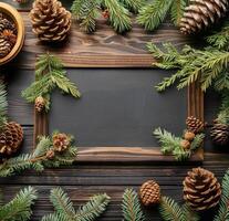 AI generated Pine Cones and Fir Branches With Chalkboard photo