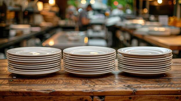 AI generated Stack of White Plates on Wooden Table photo