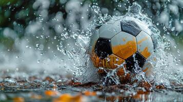 ai generado fútbol pelota salpicaduras en agua foto