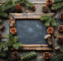 AI generated Chalkboard Surrounded by Pine Cones and Fir Branches photo