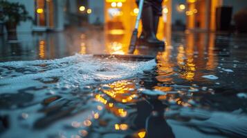 AI generated Person Standing on Wet Surface With Mop photo