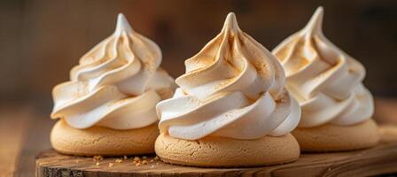 AI generated High quality food photography showcasing meringue cookies elegantly placed on a kitchen table photo