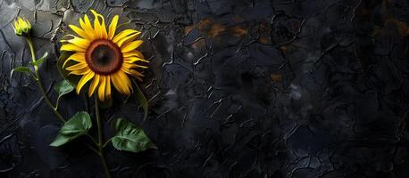 AI generated sunflowers at black wall texture, spring summer concept background photo