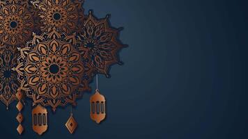 dark ramadan background, animated mandalas, intricate Islamic patterns, and softly glowing lanterns, set against a serene Islamic blank space background video