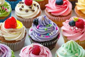 AI generated Many different colored delicious cupcakes photo