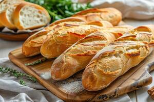 AI generated Chopped loaves of freshly baked french baguette bread on wooden table. photo