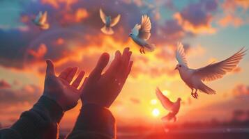 AI generated Hand releasing a white dove into the sky during sunset, symbolizing peace and freedom photo