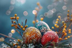 AI generated Colorful easter eggs decorated - Easter card. photo