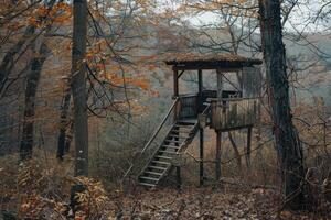 AI generated Hunting lookout at the edge of the forest photo