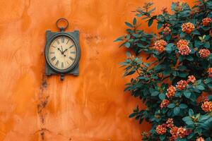 ai generado Clásico reloj en un naranja texturizado pared foto