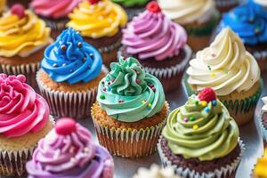 AI generated Many different colored delicious cupcakes photo