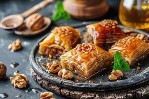 ai generado tradicional Arábica postre baklava con miel y nueces foto