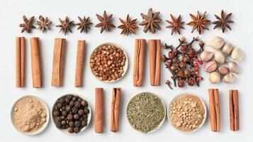 AI generated Variety of spices in wooden bowls on white photo