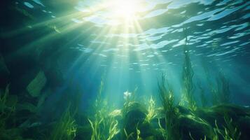 AI generated Underwater sunlight piercing through ocean surface photo