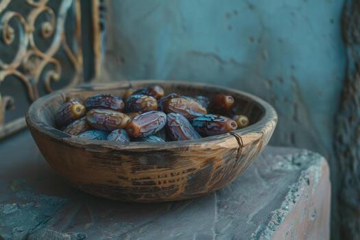 ai generado de madera cuenco lleno con fechas foto