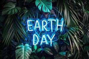 AI generated A striking neon sign that reads Earth day encircled by dark green tropical leaves photo