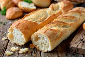 AI generated Chopped loaves of freshly baked french baguette bread on wooden table. photo