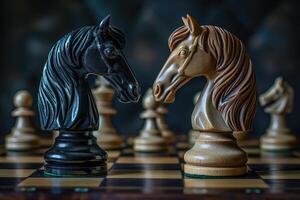 AI generated Two chess knights face each other in a tense moment on the chessboard photo