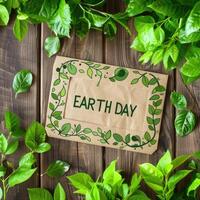 AI generated Earth Day paper sheet with fresh spring green leafs border frame , eco natural banner concept photo