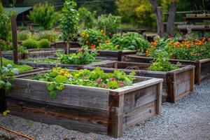 AI generated Community kitchen garden. Raised garden beds with plants in vegetable community garden. photo