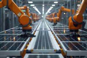 AI generated Industrial robotic arm on a production line in a modern solar panel factory photo