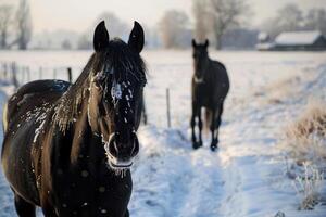 ai generado retrato de dos negro caballos en invierno foto