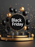 AI generated Black Friday banner background with a podium platform, black and gold stuff on a dark scene for product stand photo