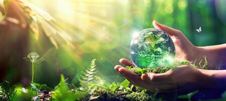 AI generated Hands holding globe glass In green forest - Earth day, environment concept photo