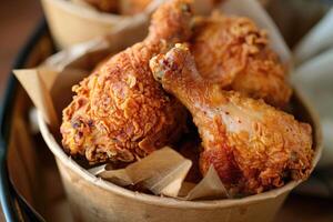 AI generated Golden brown and crispy roasted fried chicken served in a brown paper bucket photo