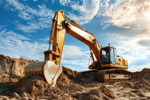 AI generated Excavator in the sand at the construction site. photo