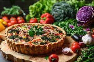 AI generated Quiche Lorraine savory tart vegan with vegetables photo