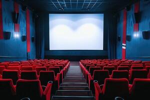 AI generated Empty cinema interior with red seats and white screen photo
