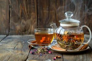 AI generated Hot tea in a glass cup and a jar with dried tea grass on an old wooden table. Spices and cinnamon. Flower tea photo