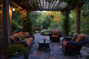 AI generated Cozy patio with sofas and a table. Pergola shade over patio. photo