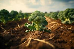 AI generated Fresh broccoli growing in an organic farm field photo