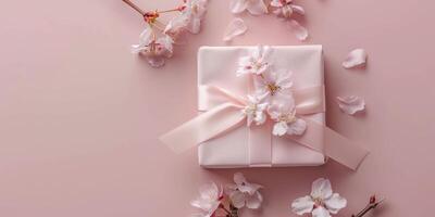 ai generado pequeño elegante presente regalo caja con rosado cinta decorado con floreciente sakura flores foto