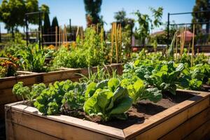 ai generado elevado jardín camas lleno con próspero vegetales en patio interior foto