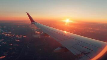 AI generated Aircraft wing during a vibrant sunset photo