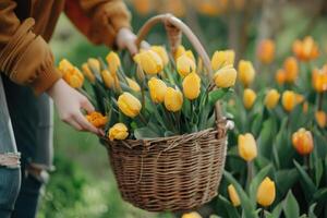 ai generado un mujer jardinero escoge amarillo tulipán flores en el primavera jardín y pone el flores en un cesta foto