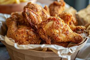 AI generated Golden brown and crispy roasted fried chicken served in a brown paper bucket photo