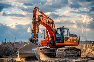 ai generado excavador en el arena a el construcción sitio. foto