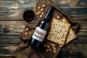 AI generated Traditional Jewish Passover Seder meal with matzo, wine and herbs on a wooden background photo