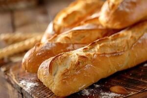 AI generated Chopped loaves of freshly baked french baguette bread on wooden table. photo